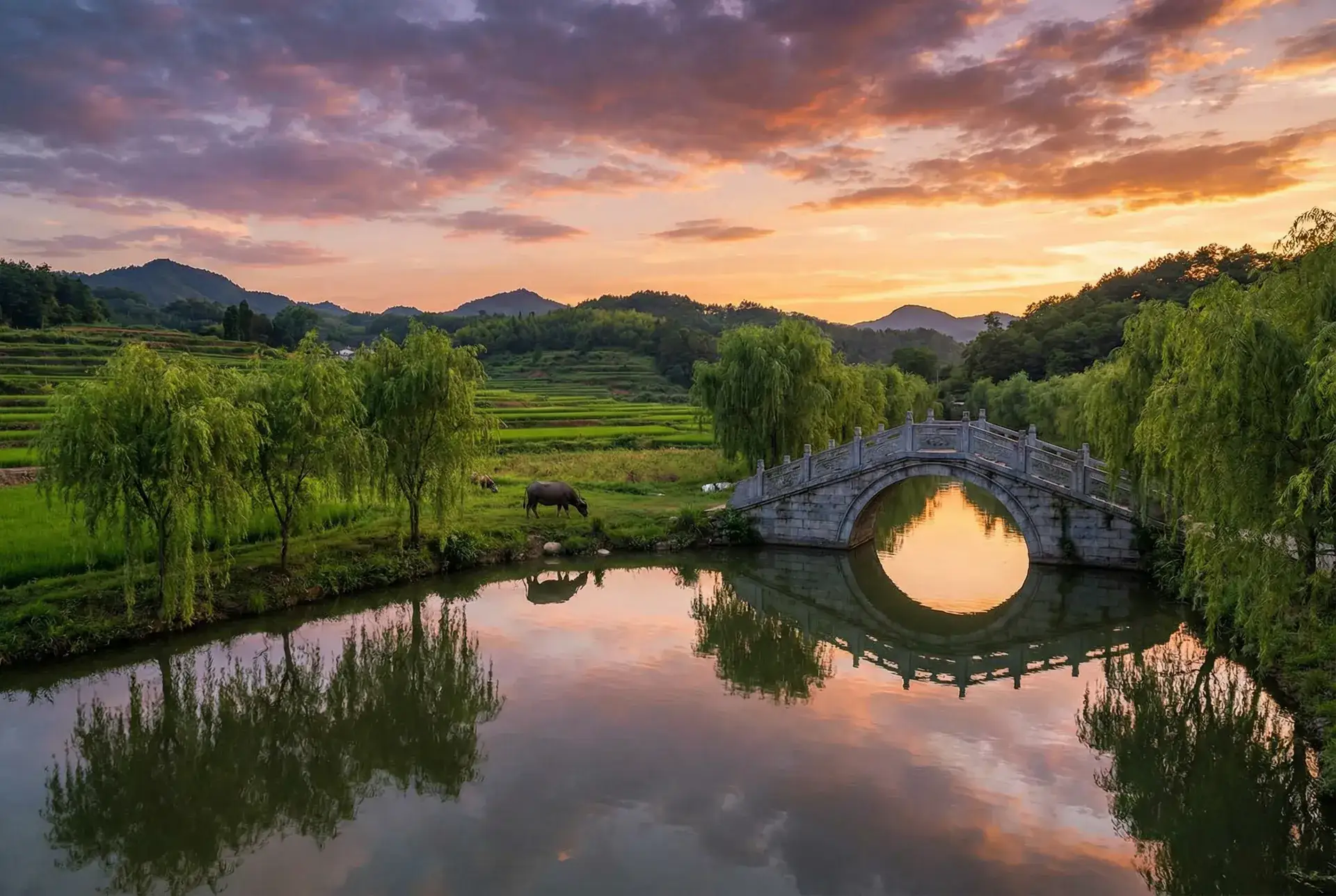 夕阳下的石拱桥与垂柳，水牛在河边吃草 - 家庭的秘密全文 乡村美景